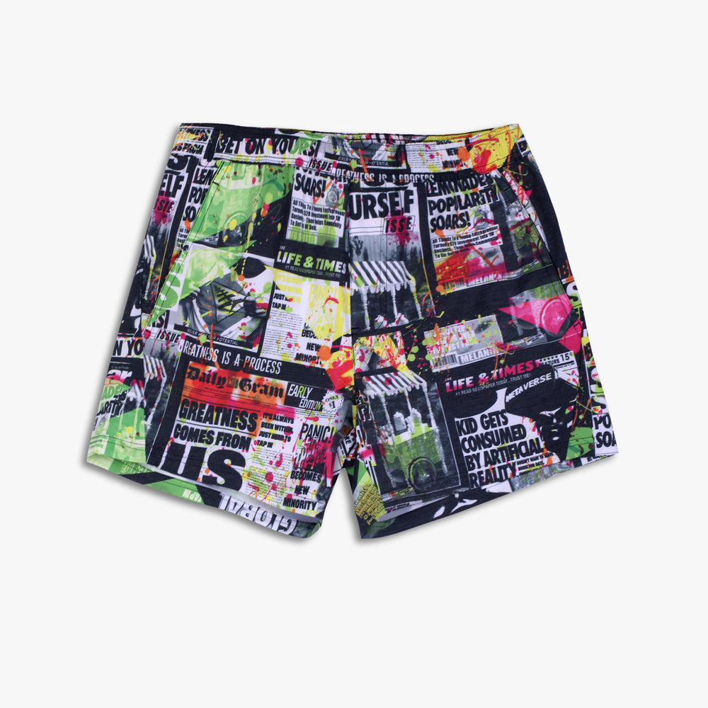 Men's Paper Planes Tabloid Print Shorts - 'Neon Night'