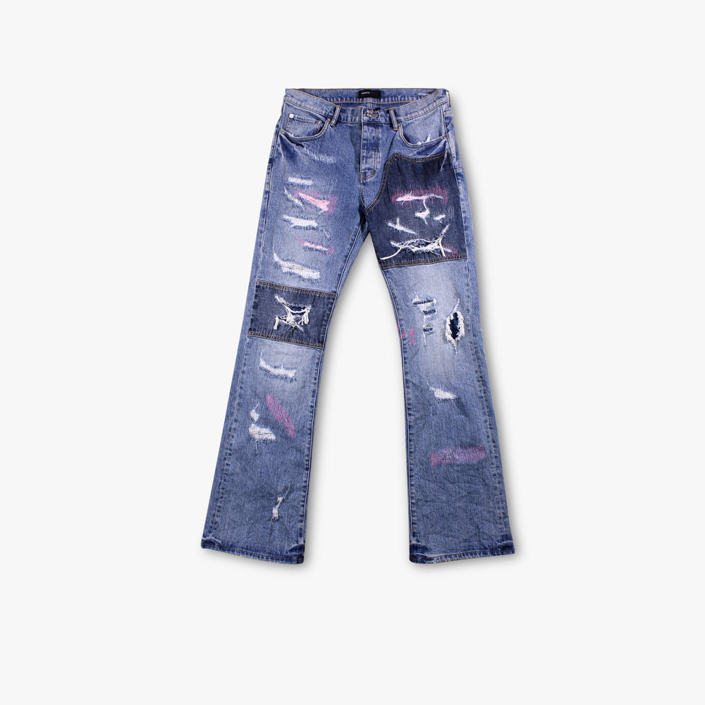 Men's PURPLE Brand Full Repair Flare Denim Pant - Mid Indigo