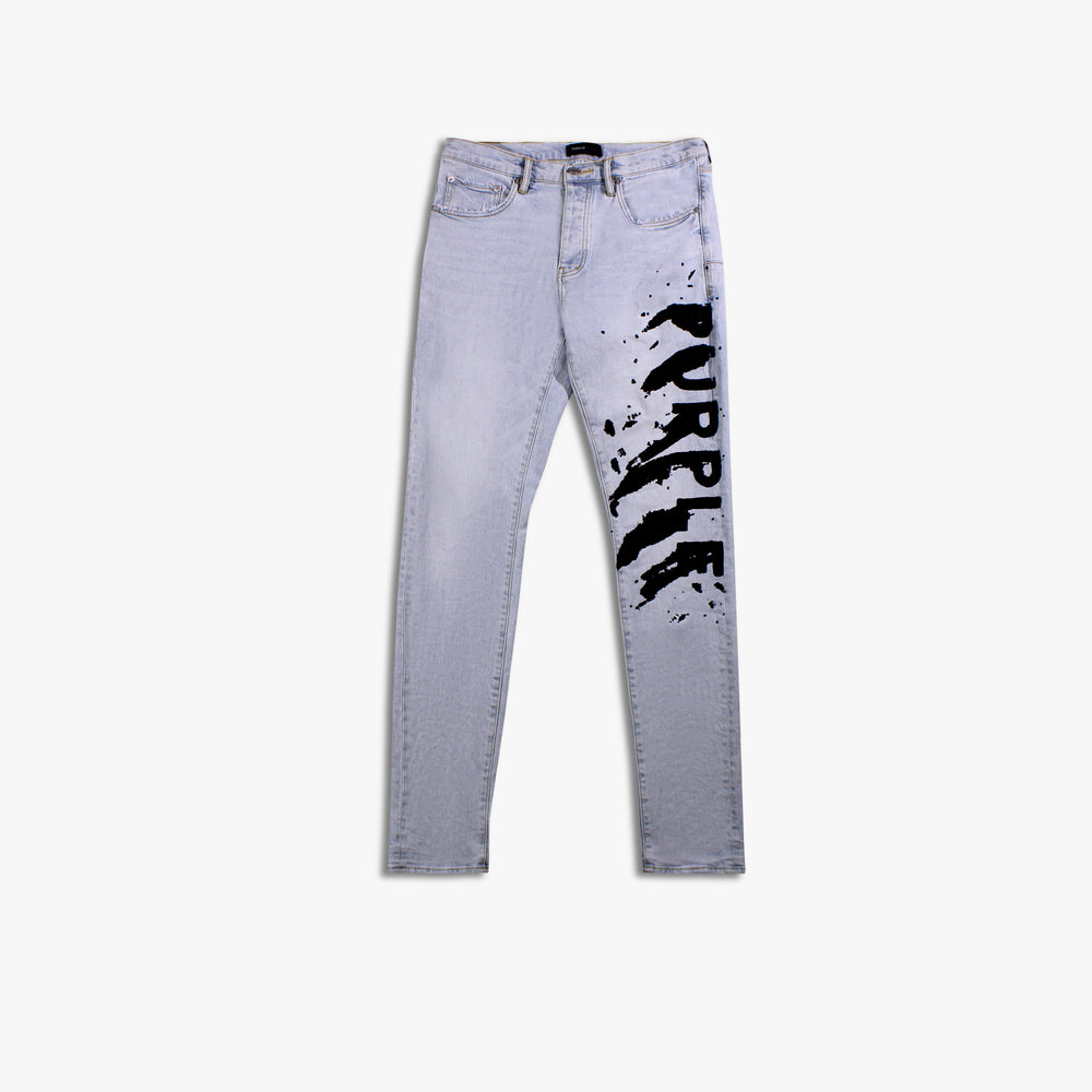 Men's PURPLE - Flocked Painted Wordmark Denim Pant - Light Indigo